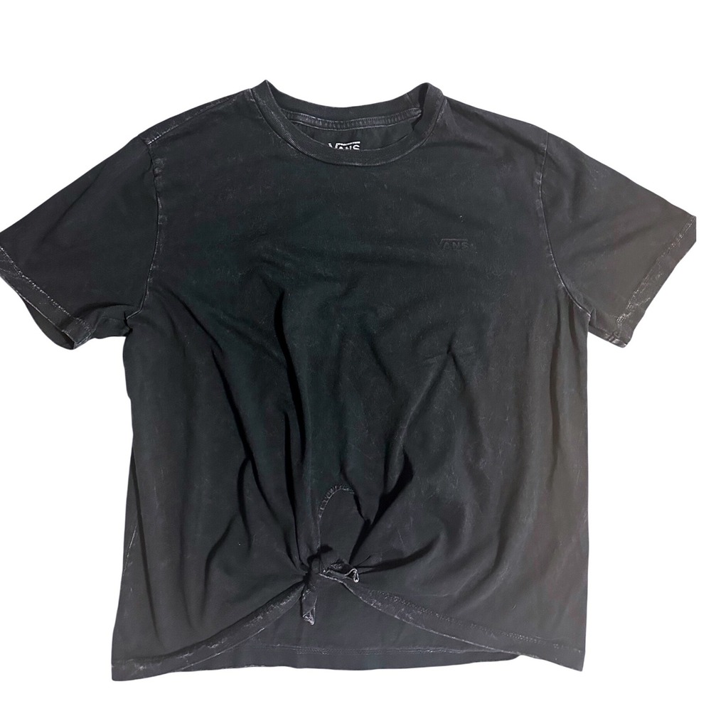 Vans Womens Faded Black Front Tie Knot Short Sleeve Logo T-Shirt Medium